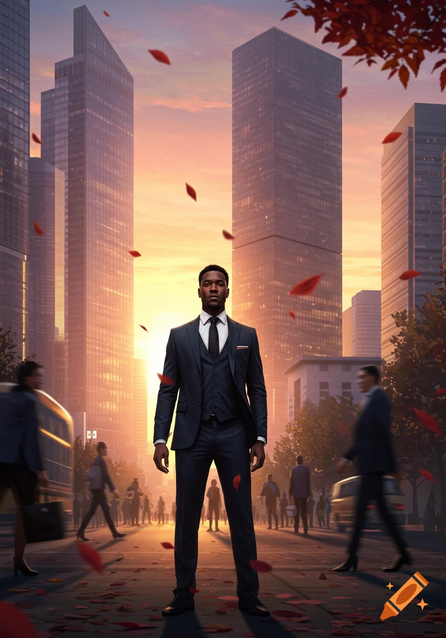 A man in a suit stands confidently on a city street at sunset, with skyscrapers and blurred people in the background.
