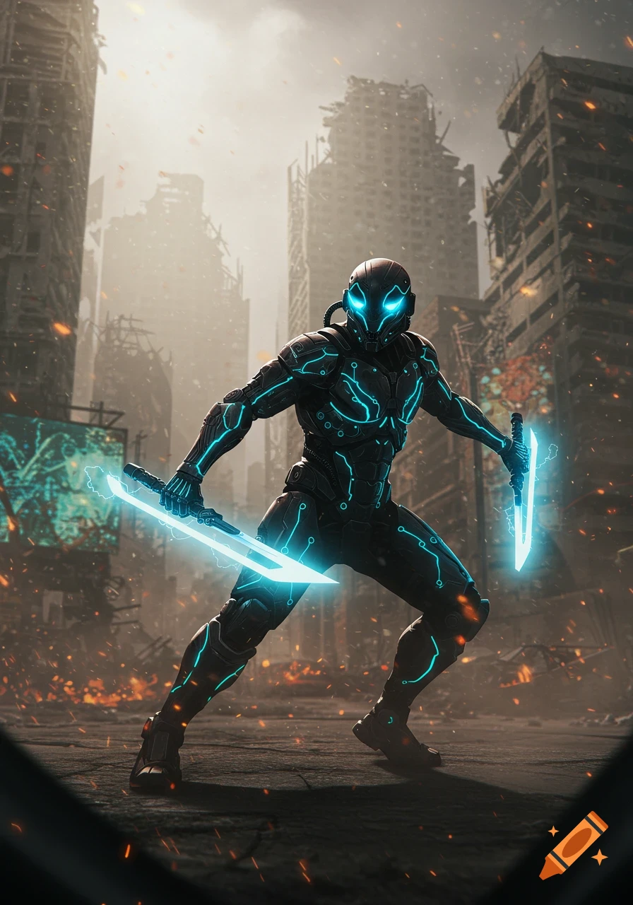 A futuristic armored character with glowing blue details and dual energy swords stands in a destroyed city.