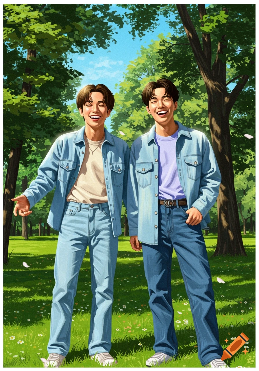 Two smiling men in denim outfits standing in a sunny park with trees and green grass, illustrated style.