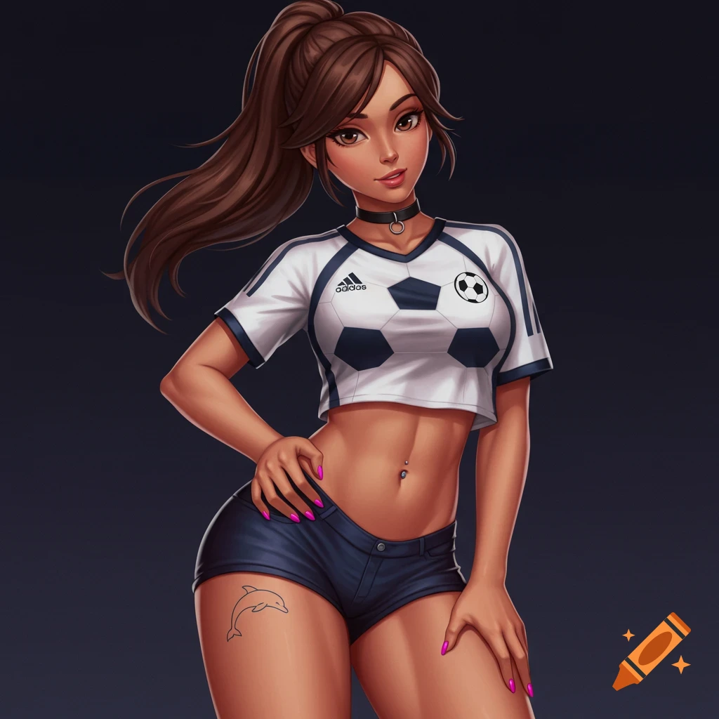 An anime woman with a brown ponytail, olive skin, wearing a cropped soccer jersey and mini shorts, posing with hands on hips.