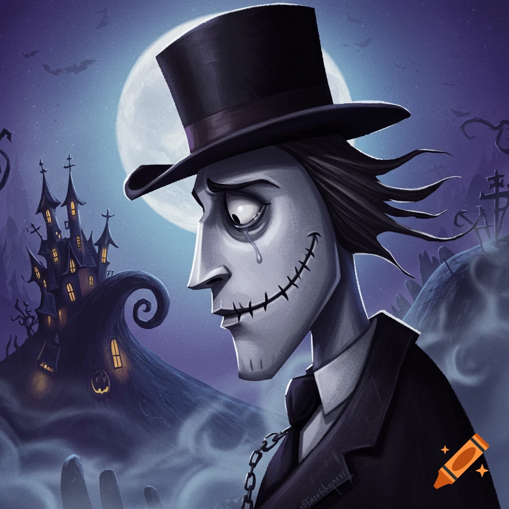 Sad, skeletal man in a top hat with a stitched mouth and tear under a full moon, with a haunted house and graveyard in a gothic cartoon style.