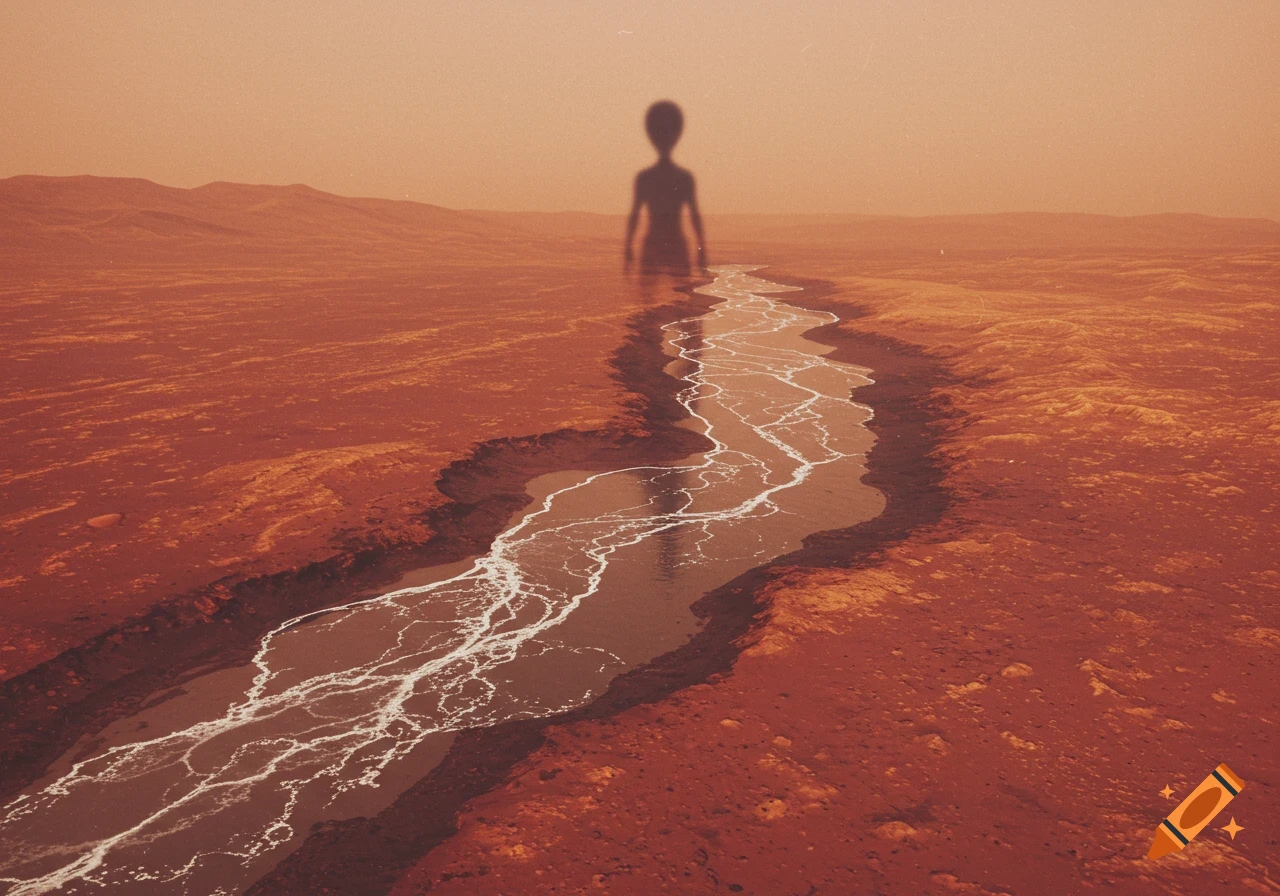 Red Martian landscape with a flowing river and a faint, silhouetted alien figure in the distant, hazy sky.