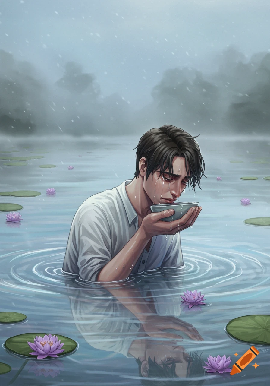 A sad man with dark hair, wearing a white shirt, stands chest-deep in water with lily pads, crying into a bowl as rain falls. Digital art.