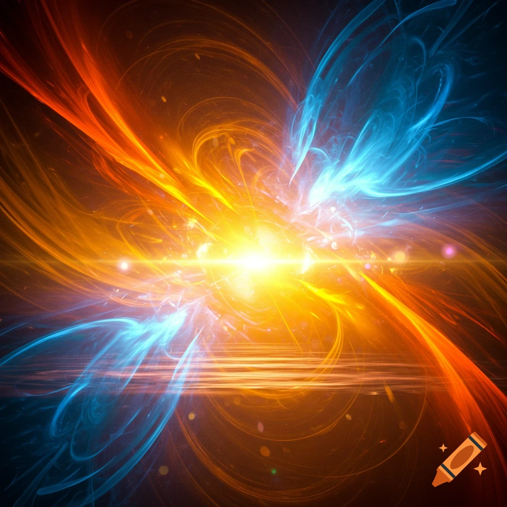 A vibrant abstract explosion of light with swirling orange, red, and blue energy streaks emanating from a bright central core.