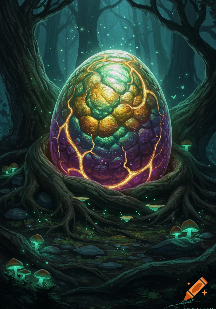 A vibrant, glowing scaly egg nestled in dark tree roots in a mystical, dark forest with glowing mushrooms.