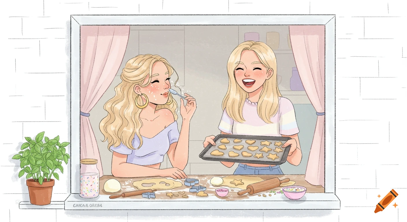 A whimsical illustration shows two blonde girls joyfully baking cookies, viewed through a window. One dabs flour, the other holds a tray of heart and star cookies. A basil plant is on the sill.