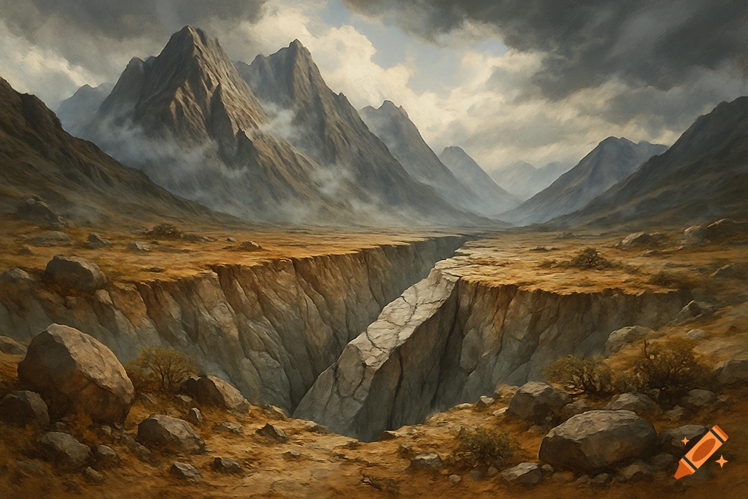 Digital painting of a vast, rugged mountain landscape under cloudy skies, with a deep chasm dividing a dry, rocky plain.