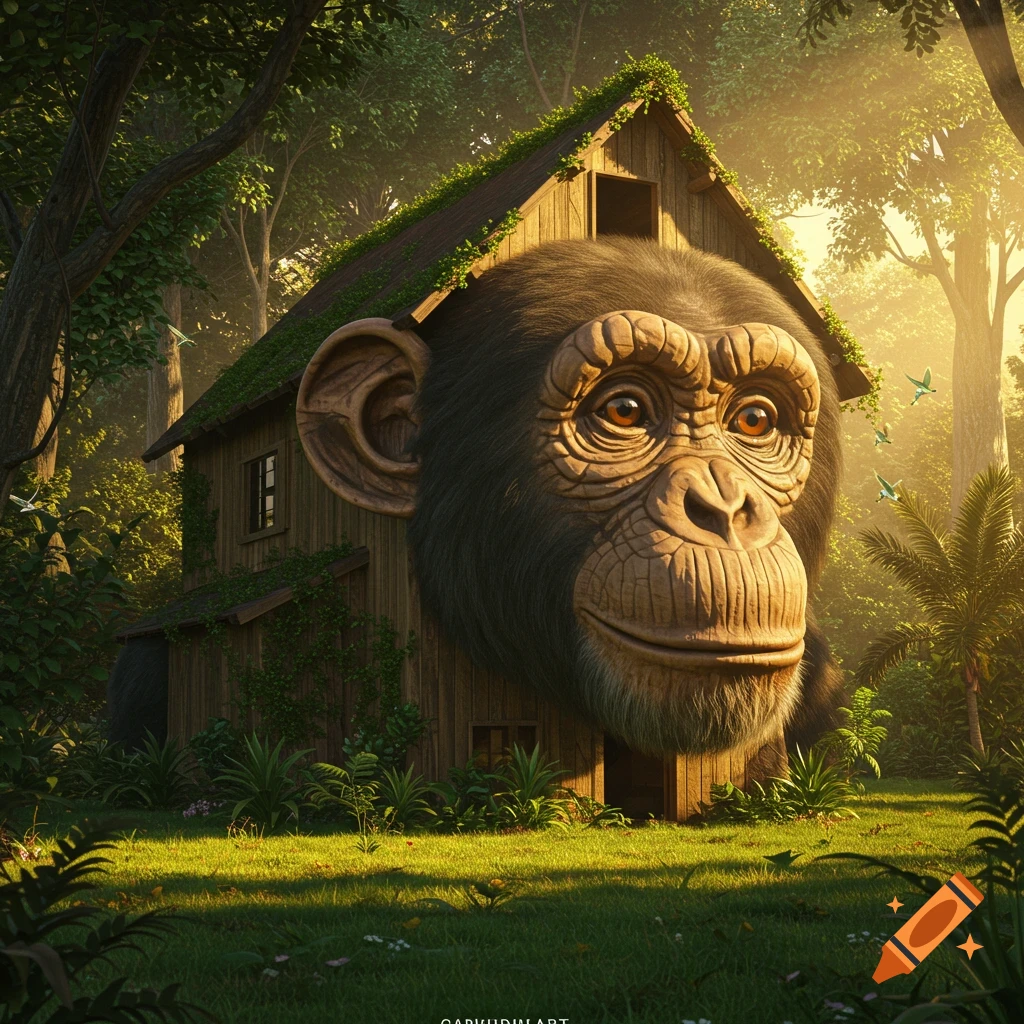 A surreal wooden house with a giant chimpanzee head on its front, nestled in a lush, sunlit jungle.