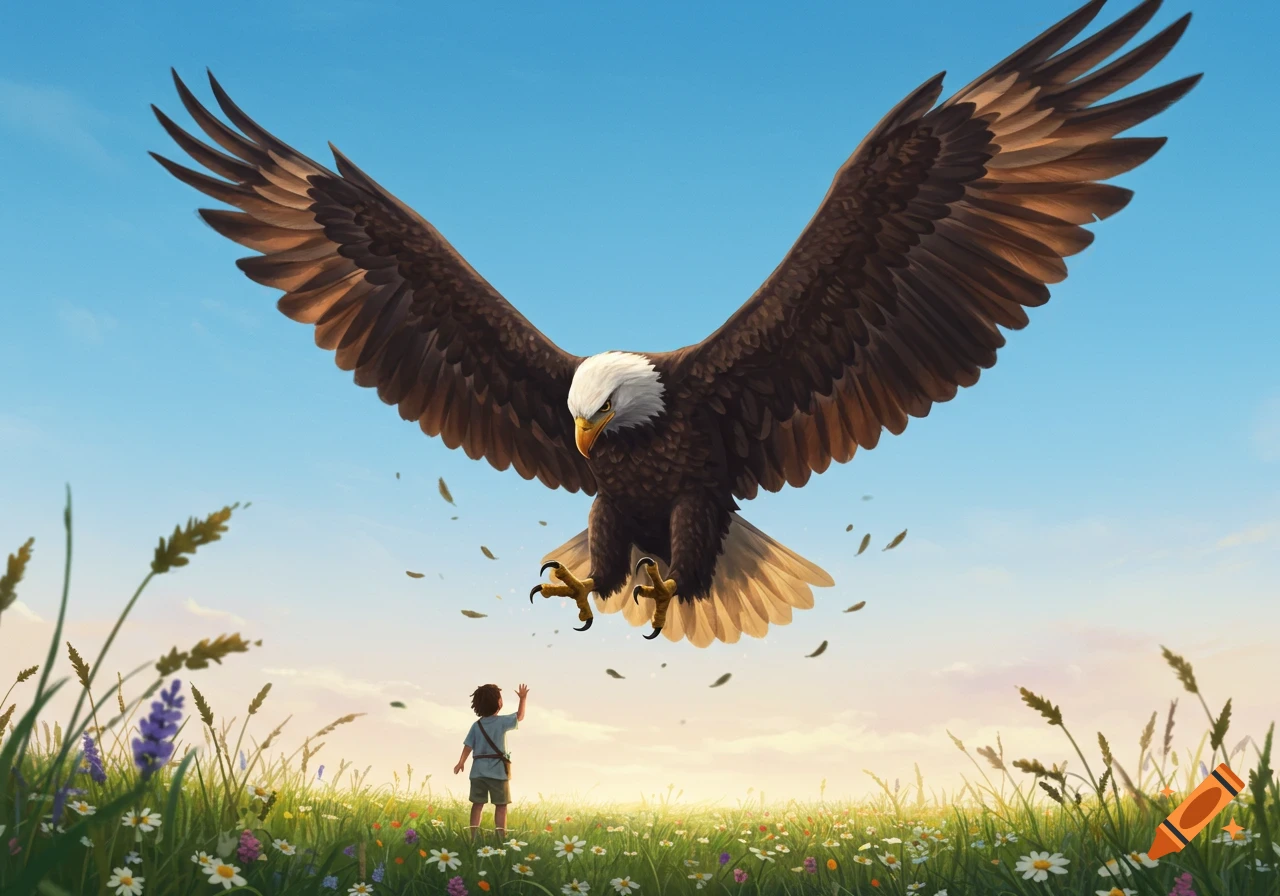 A gigantic bald eagle with wings spread wide dives towards a small child waving in a sunny, flowery field.