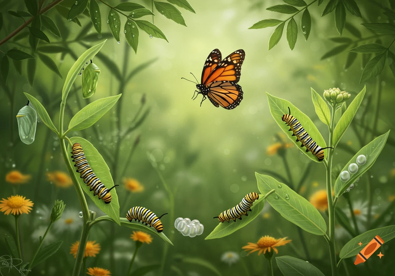 Monarch butterfly life cycle illustration showing eggs, caterpillars, chrysalises, and an adult butterfly on green plants.