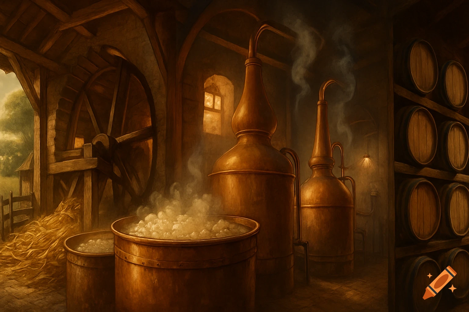 An atmospheric, painterly scene of an old rum distillery with copper stills, a water wheel, and wooden barrels.