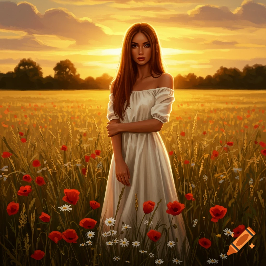 A young woman with long brown hair in a white dress stands in a golden field of red poppies and wildflowers at sunset, digital art.
