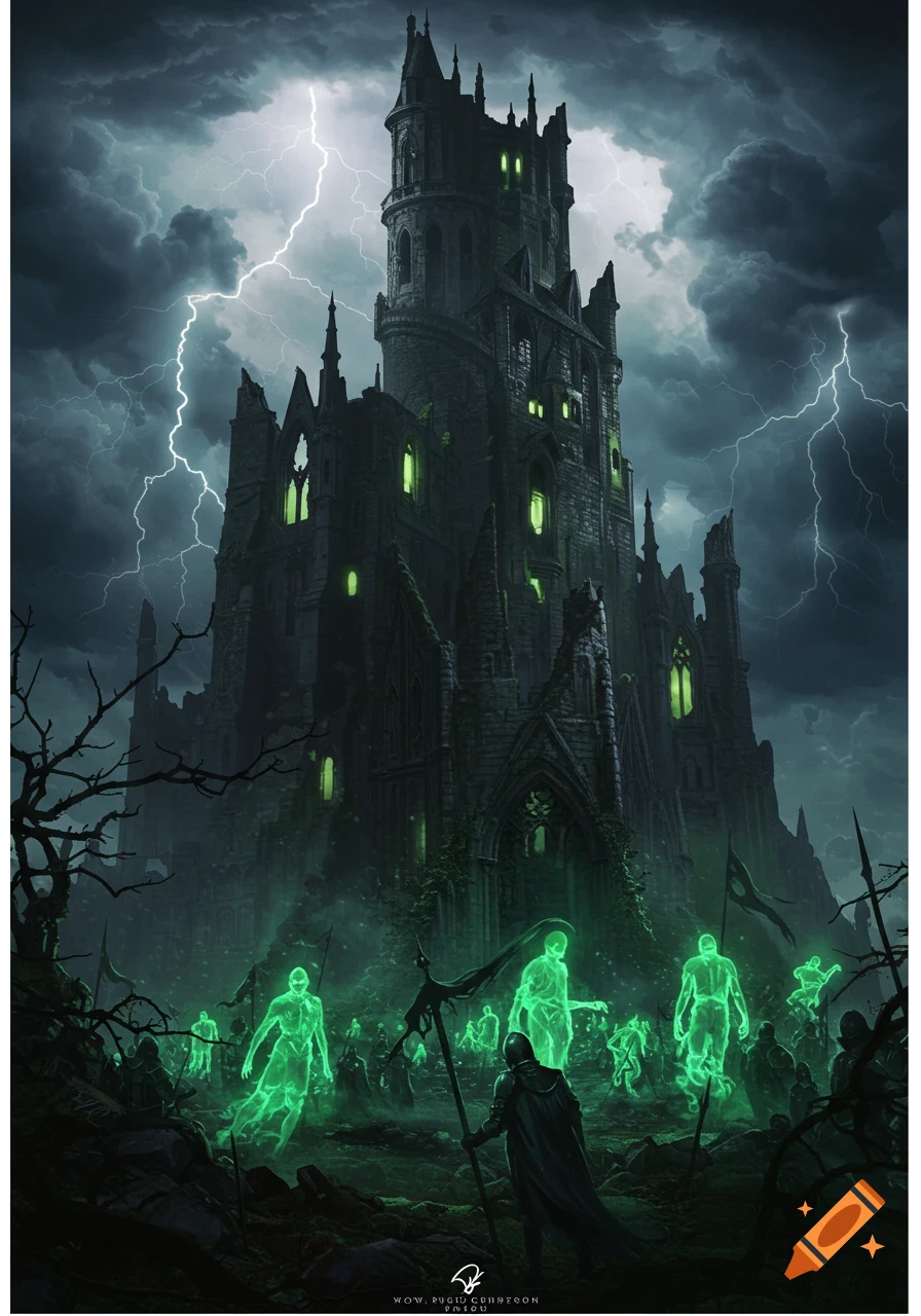 A dark, ruined gothic castle under a stormy sky with lightning, surrounded by glowing green undead figures and a robed warrior.