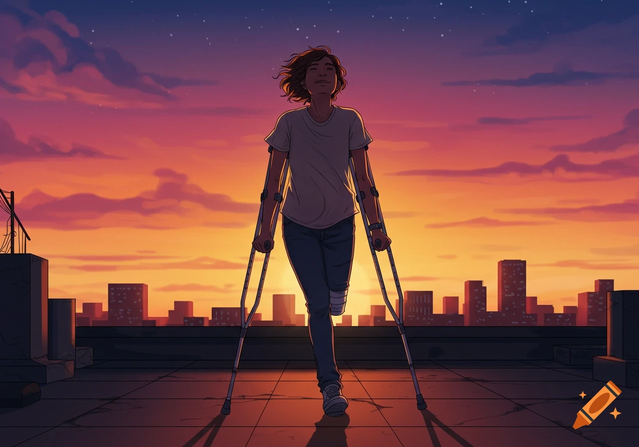 An anime-style image of a person on crutches walking across a city rooftop at sunset with a vibrant sky.