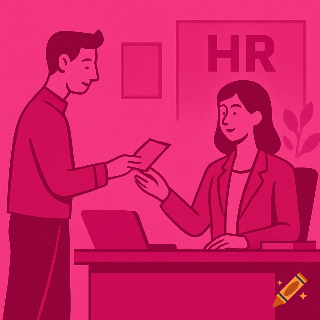 An employee hands documents to an HR person sitting at a desk in a magenta-toned illustration.