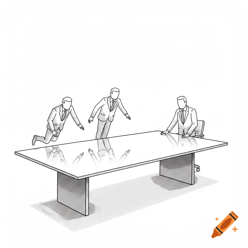A line drawing depicts two men in suits floating above a conference table, while a third man sits at the end with his hands on the table.
