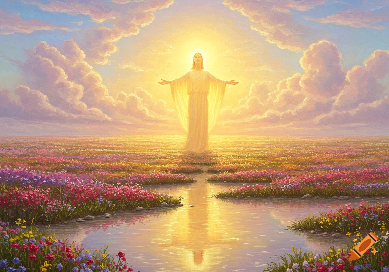 A luminous divine figure stands with arms outstretched in a radiant field of colorful flowers and water under a bright, cloudy sky, digital painting.