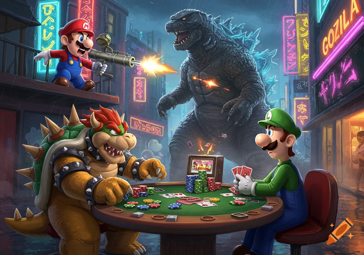 Mario shoots an RPG at Godzilla in a rainy, neon-lit city while Bowser and Luigi play poker at a table in the foreground, highly detailed digital art.