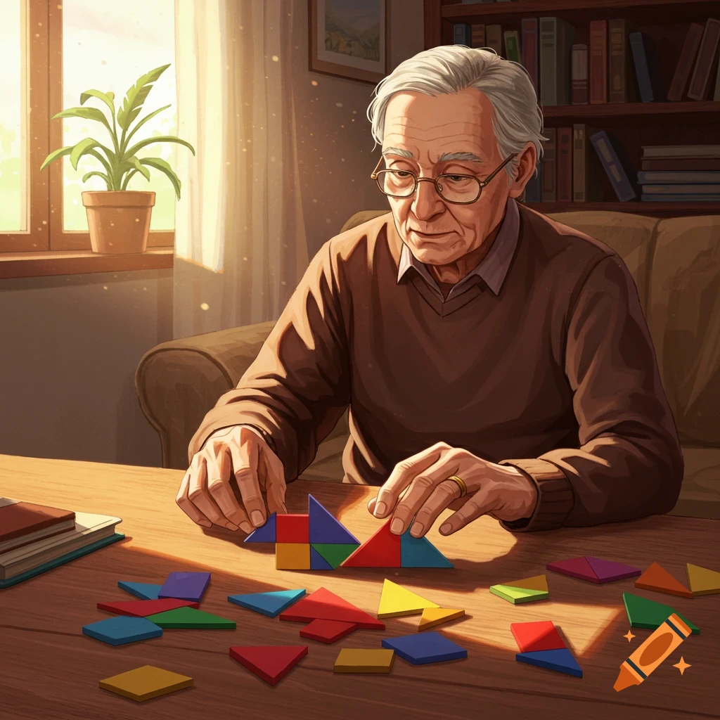 An elderly man with glasses sits at a sunlit wooden table, focused on arranging colorful tangram puzzle pieces, in a detailed illustration.