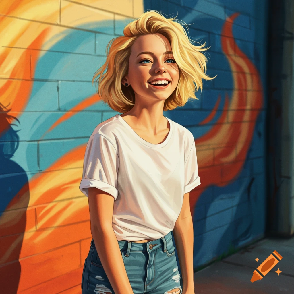 A smiling blonde woman with short hair stands in front of a vibrant blue and orange graffiti wall, in an illustrated style.