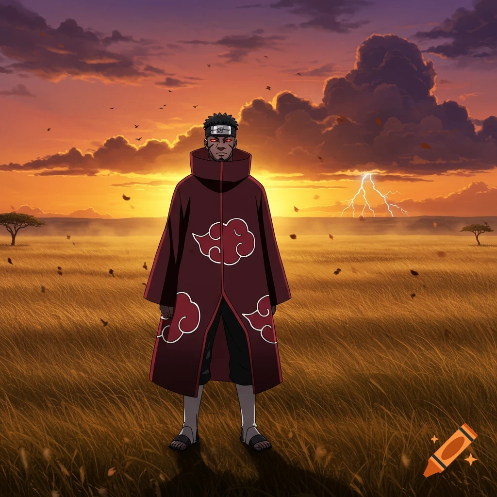 An anime character in a dark red cloak with red cloud symbols stands in a golden savanna at sunset, with distant lightning.