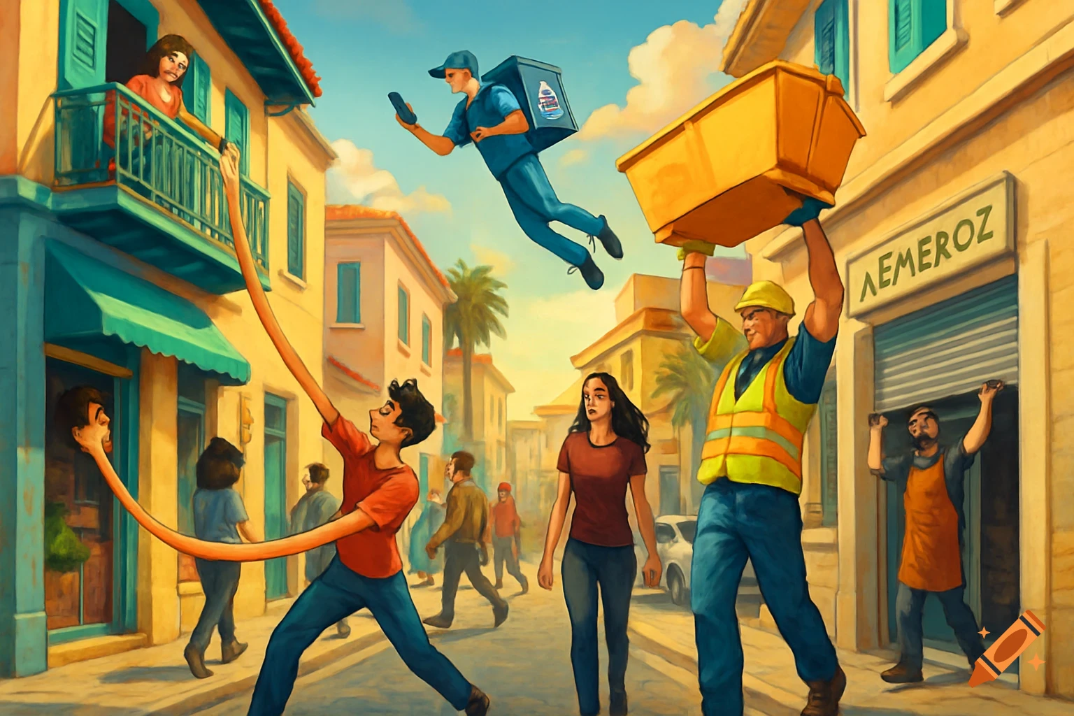 A vibrant illustration of a busy street scene where people use superpowers for daily tasks. A flying delivery man, a man with super strength carrying a skip, a woman with glowing eyes, and a man with stretchy arms reaching a balcony.