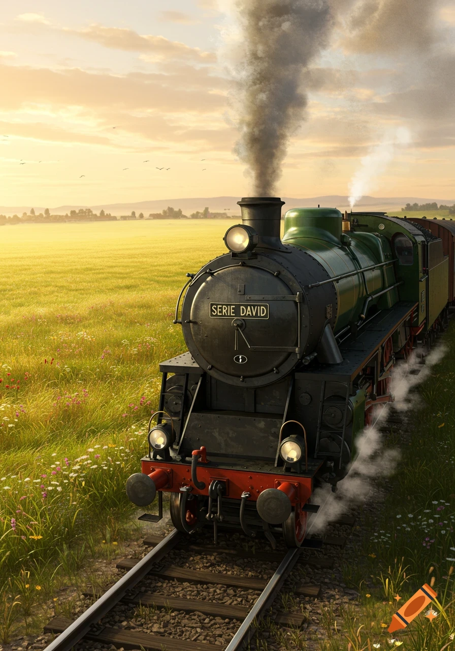 A green and black steam locomotive travels through a golden field under a sunrise sky.