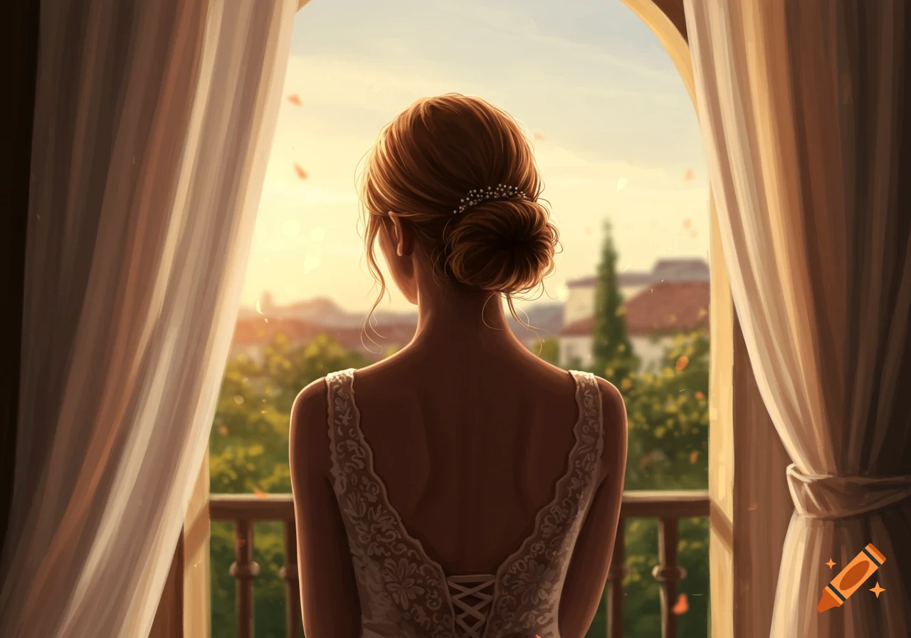 Illustration of a woman in a white lace dress, viewed from behind, looking out from a balcony at a sunset townscape.
