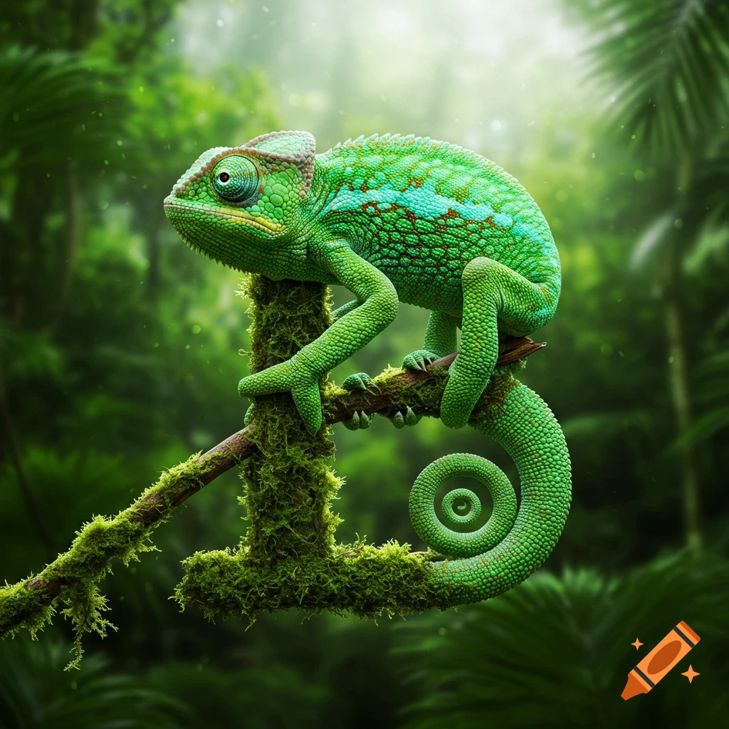 A photorealistic green chameleon in a lush jungle, with its body and branch forming the letter 'B'.