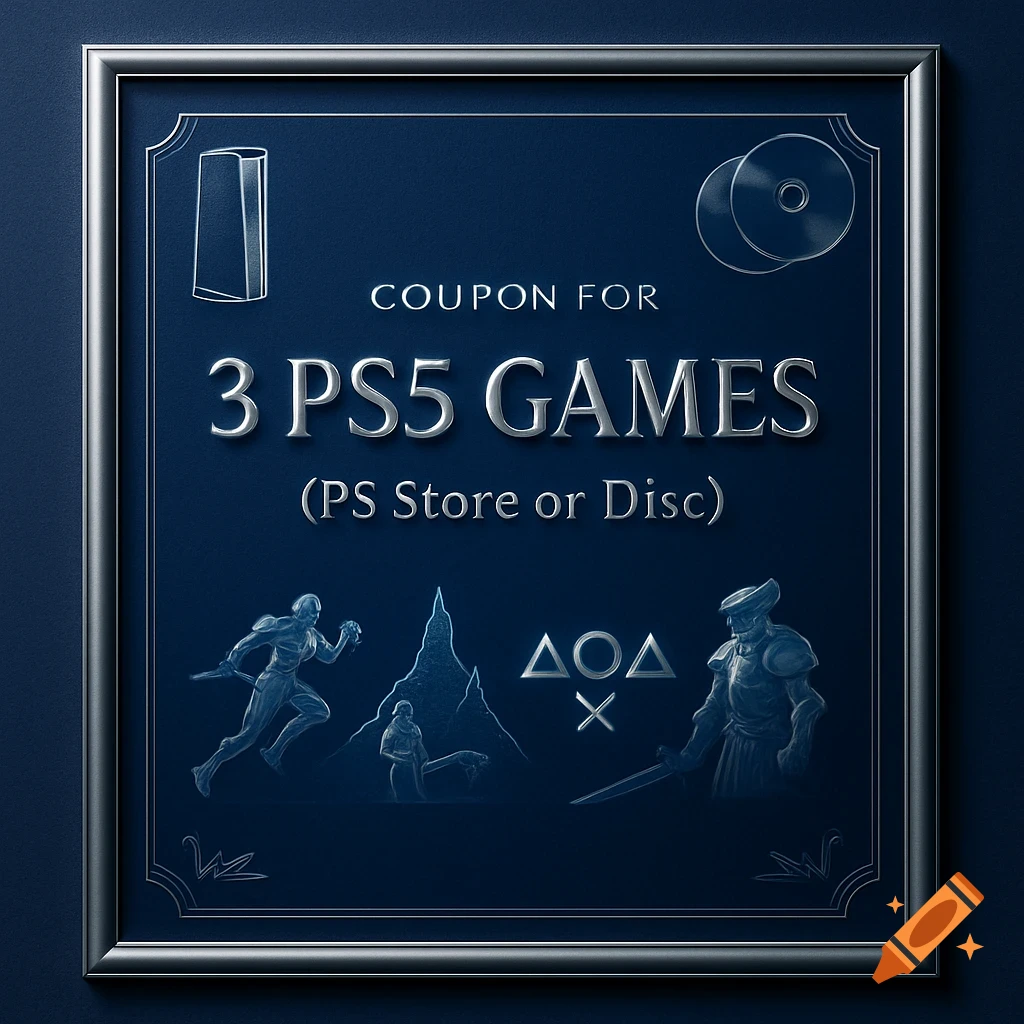 A dark blue framed certificate with metallic text 'Coupon for 3 PS5 Games' and gaming icons, including a PS5 console, discs, and characters.