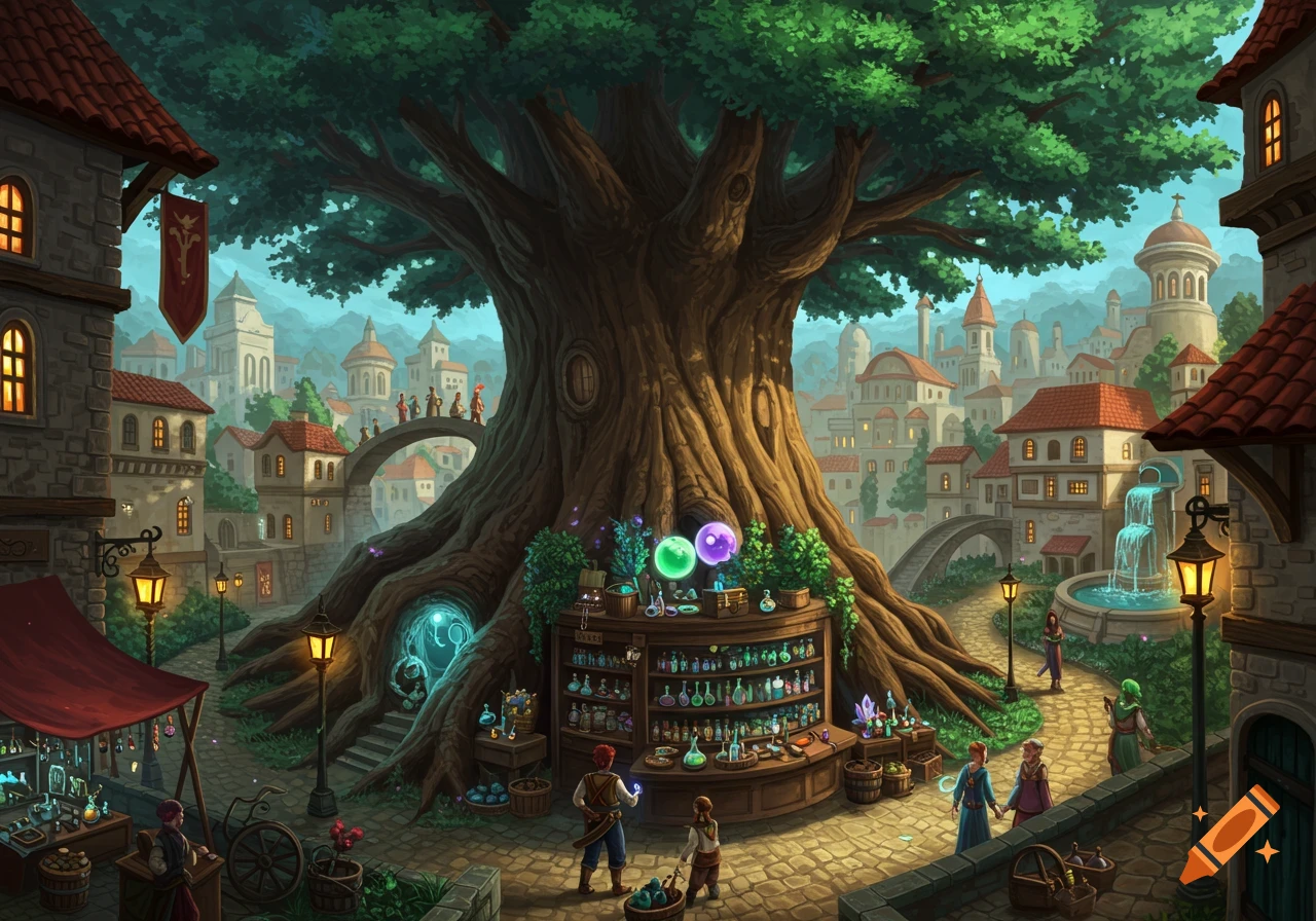 A detailed fantasy illustration of a magical medieval cityscape with a colossal ancient tree, an alchemy shop, bridges, and people.