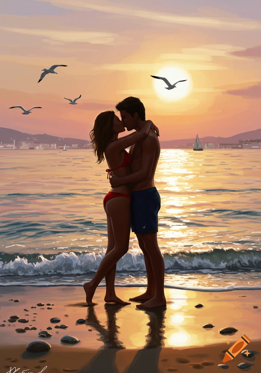 An illustration of a couple kissing on a beach at sunset, with waves, seagulls, and a distant city skyline.