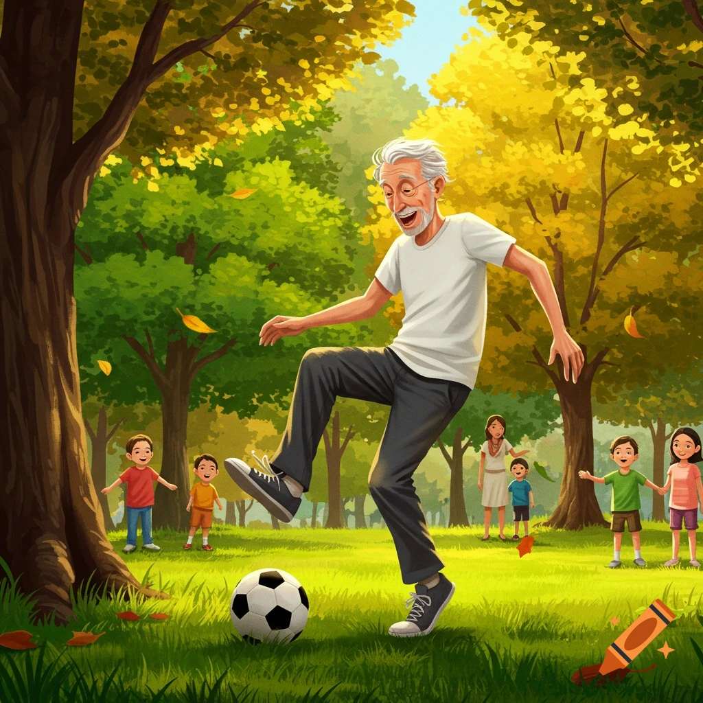 A happy old man plays soccer in a park with children and adults, in a vibrant illustration.