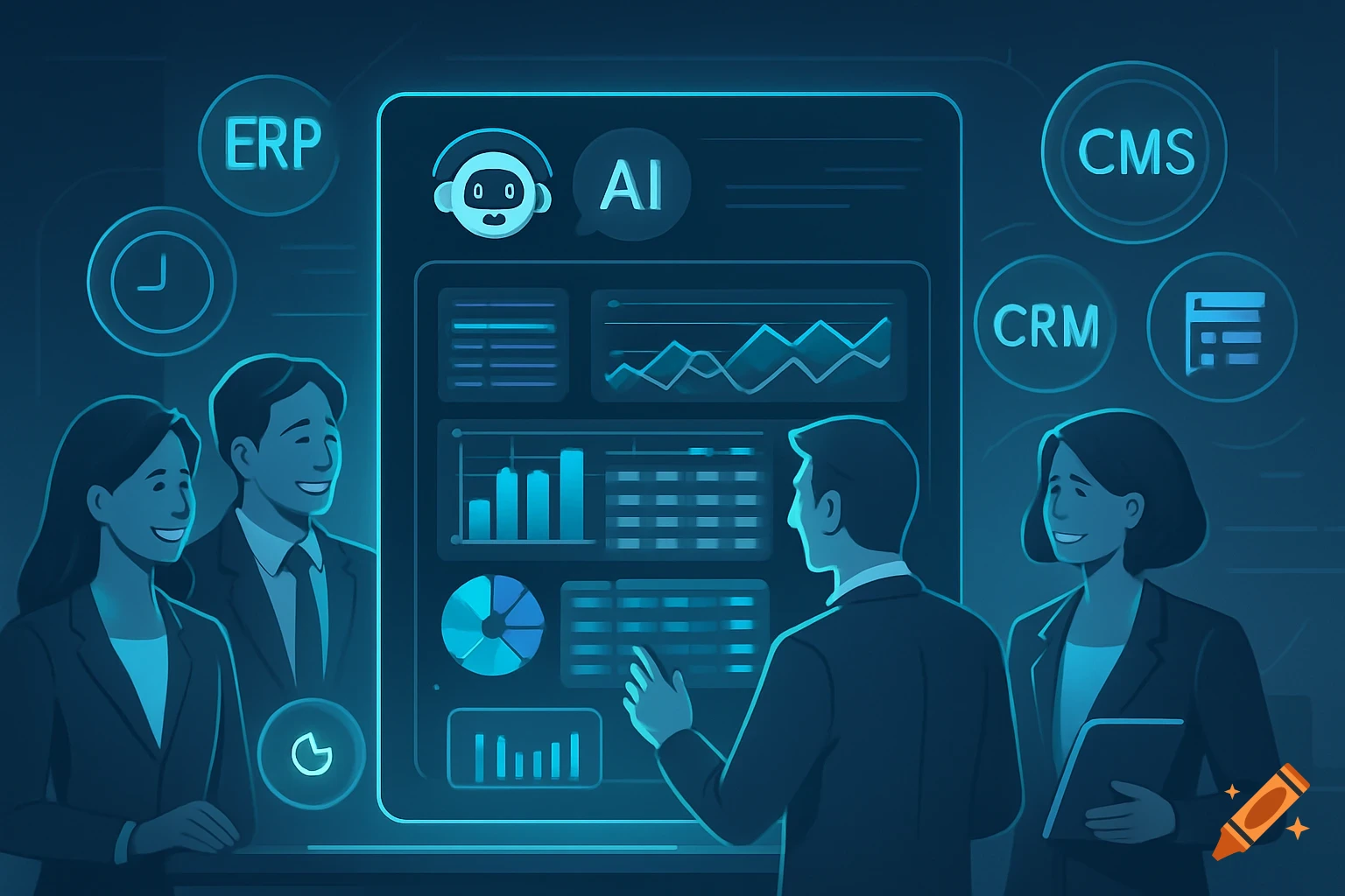 Four business professionals interacting with a glowing blue digital dashboard showing AI, charts, graphs, and system acronyms (ERP, CMS, CRM) in a stylized illustration.