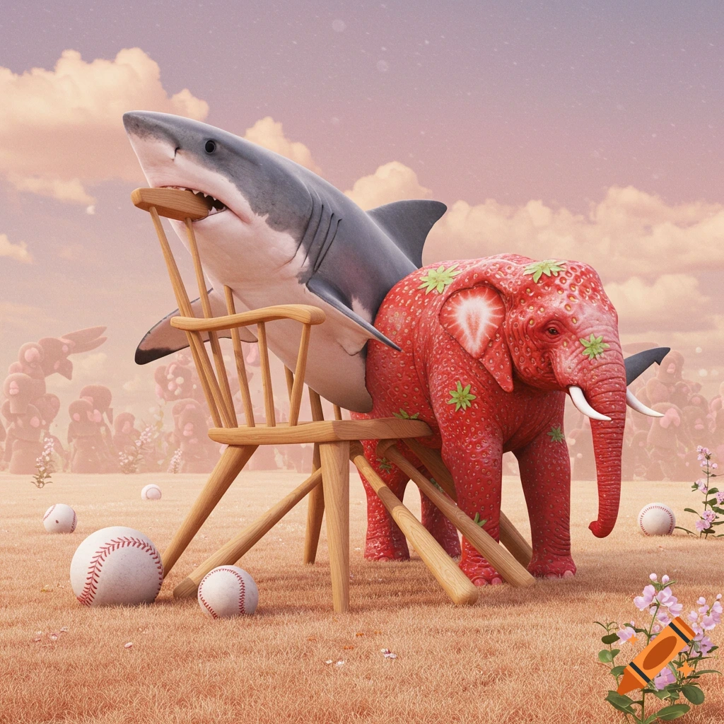 A great white shark sits on a wooden chair next to a large strawberry-textured elephant in a surreal landscape with baseballs and bats.