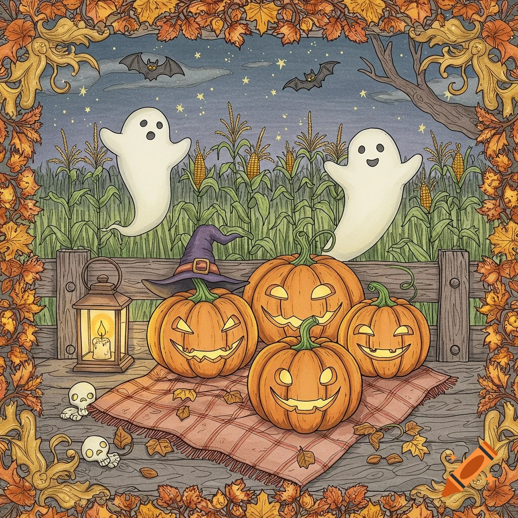 A cozy Halloween coloring book illustration with friendly ghosts, jack-o'-lanterns, bats, and autumn leaves in a cornfield.
