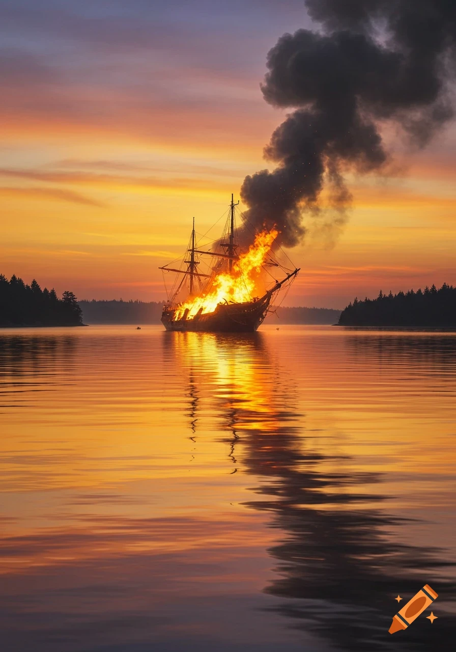 A tall ship engulfed in flames and smoke floats on a calm lake at sunset, reflecting the fiery sky.
