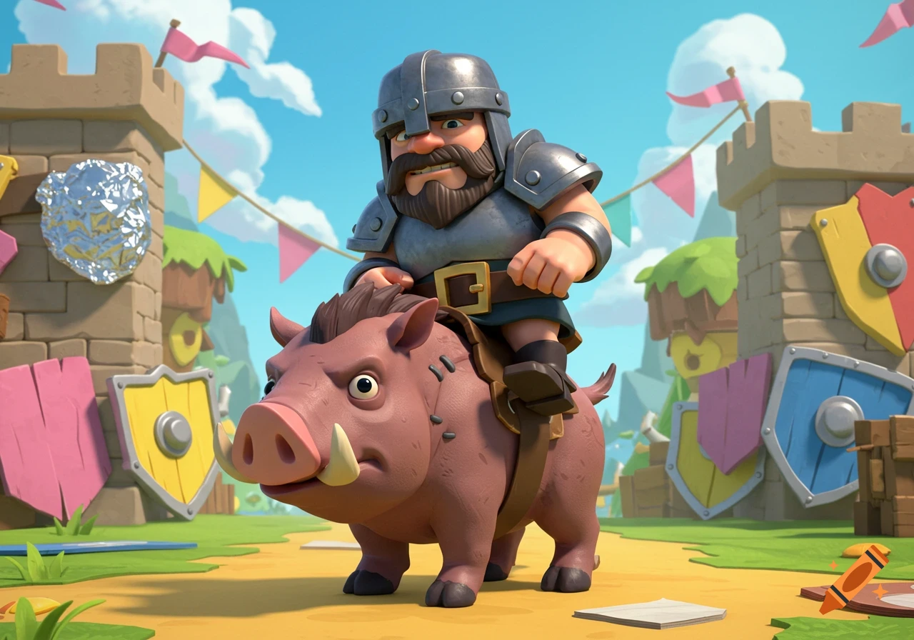 A cartoon warrior with a helmet and beard rides a brown warthog past a castle with colorful flags and shields under a blue sky.