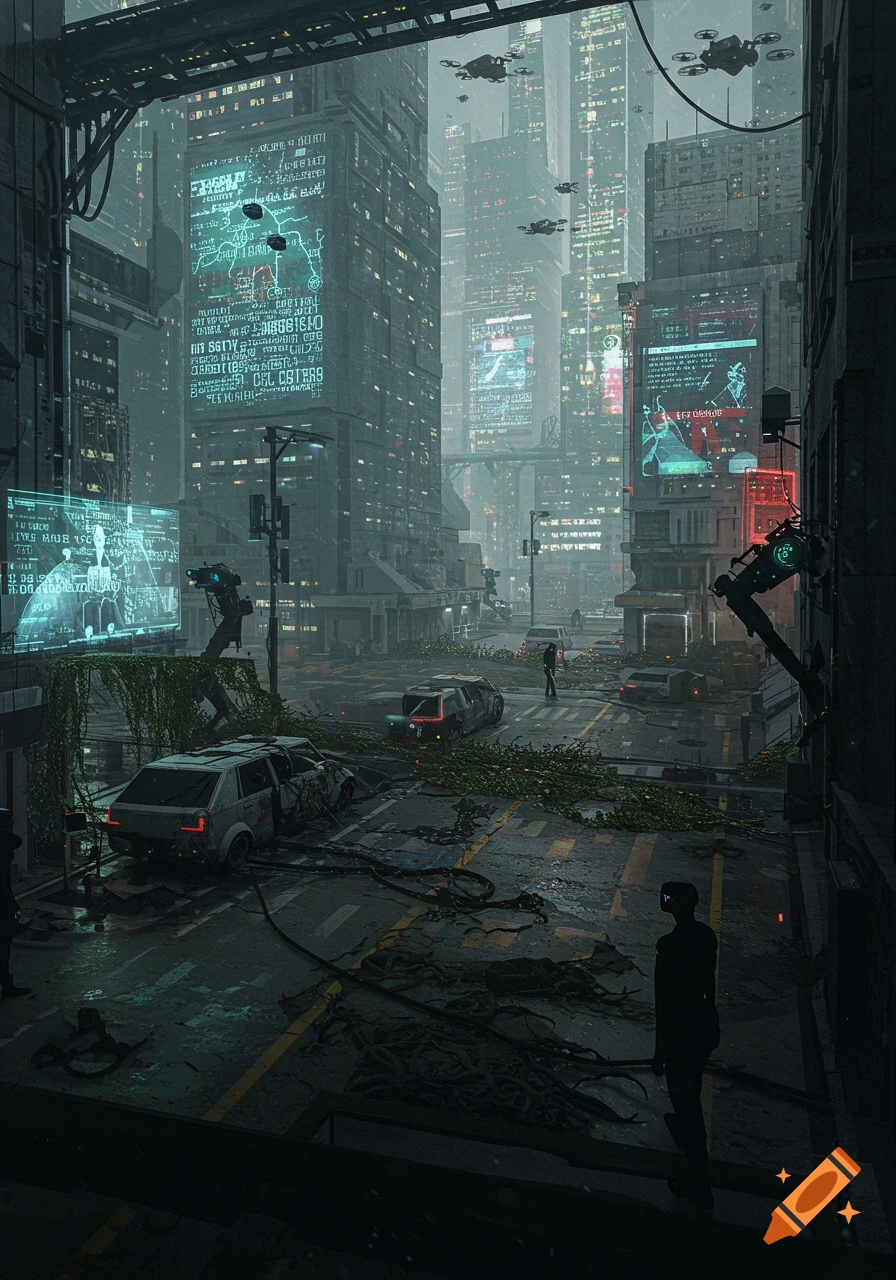 Dark, dystopian cityscape with glowing screens on tall buildings, drones, abandoned cars, and overgrown streets.
