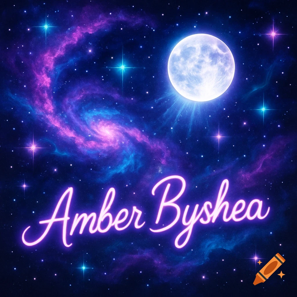 A vibrant galaxy, full moon, and stars in a dark blue sky with "Amber Byshea" written in glowing neon script.