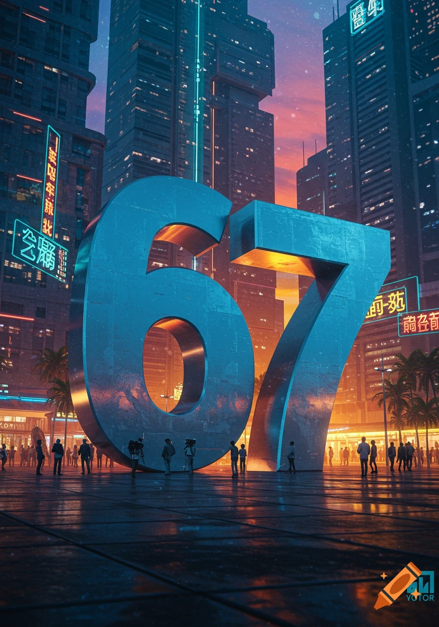 Giant metallic '67' numbers dominate a neon-lit cyberpunk city plaza with crowds, tall buildings, and a vibrant sunset.