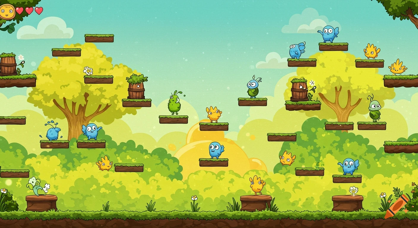 A vibrant cartoon video game background features friendly blue, green, and yellow creatures on numerous floating platforms amidst green trees and a blue sky.