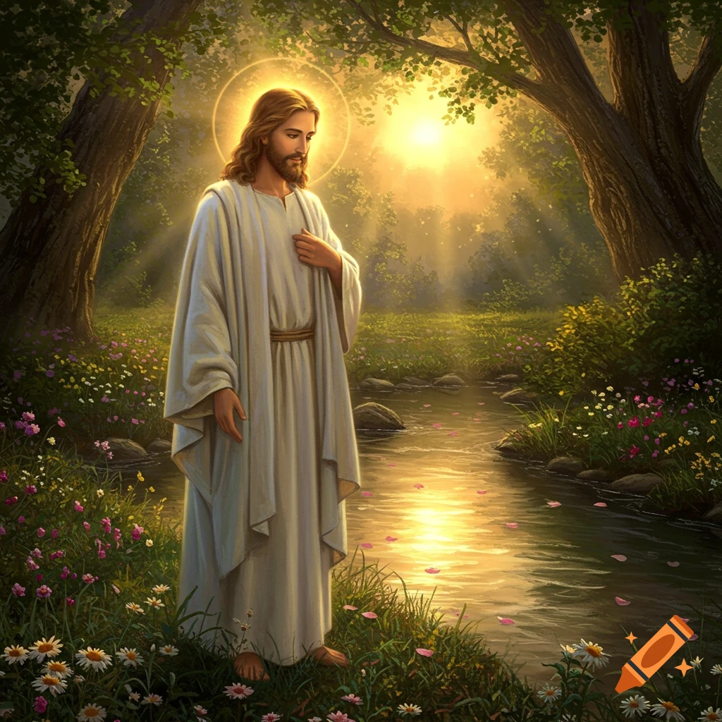 Jesus with a halo stands by a flowing stream in a sun-drenched forest, surrounded by flowers.