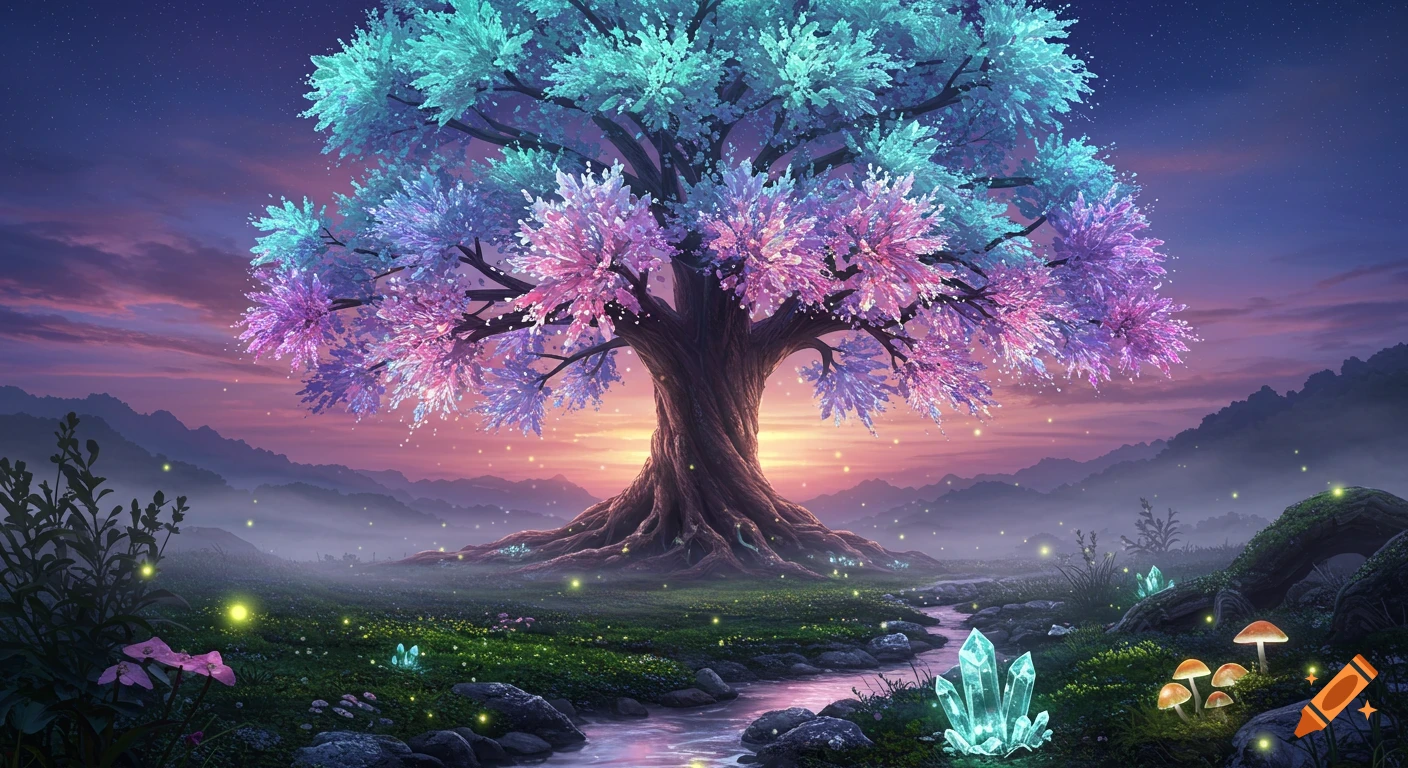 A vibrant, fantastical landscape at twilight, featuring a glowing tree with colorful leaves, a river, luminous crystals, and fireflies.