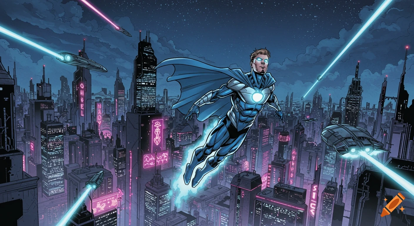 A superhero in a blue and silver suit flies over a neon-lit futuristic city at night in a comic book style.