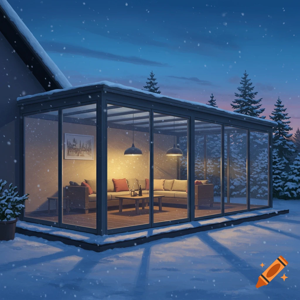 A cozy glass sunroom attached to a house, warmly lit from within, covered in snow during a winter evening.