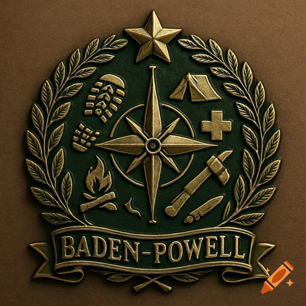 A gold and green embossed medal for Baden-Powell, featuring a compass rose, camping symbols, and laurels.