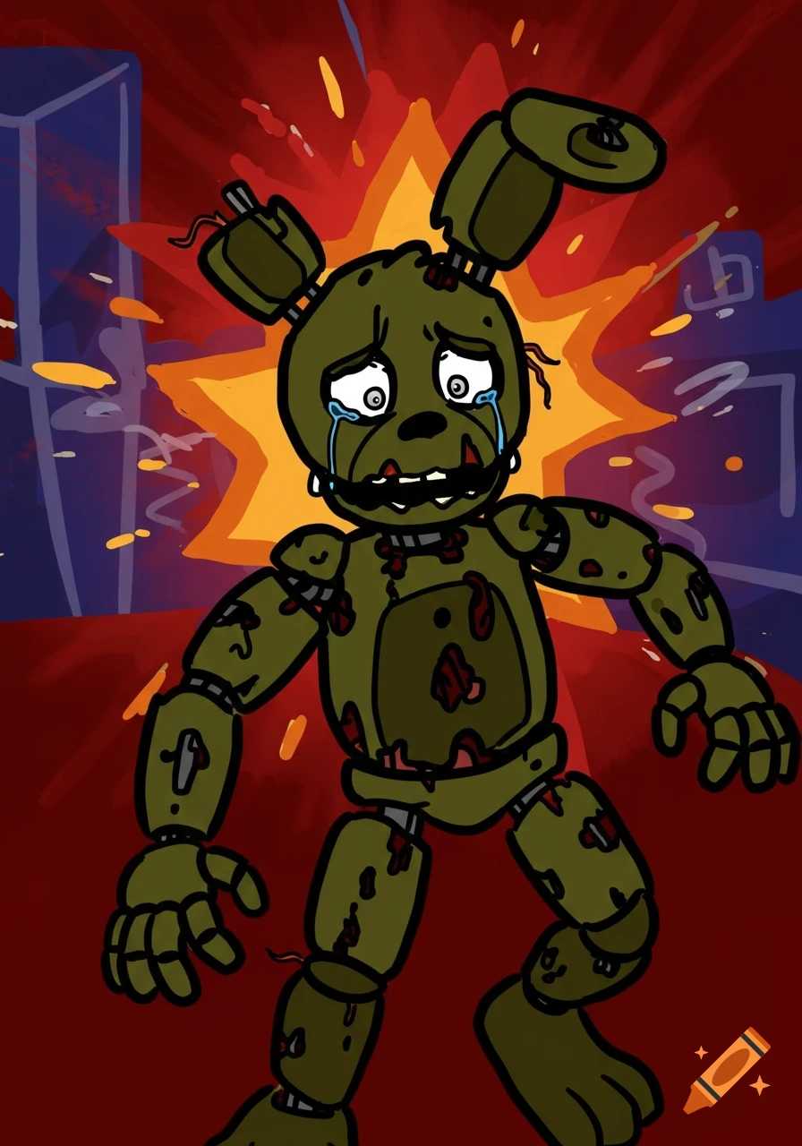 Cartoon Springtrap, a green damaged animatronic, crying against an explosion and abstract city background.