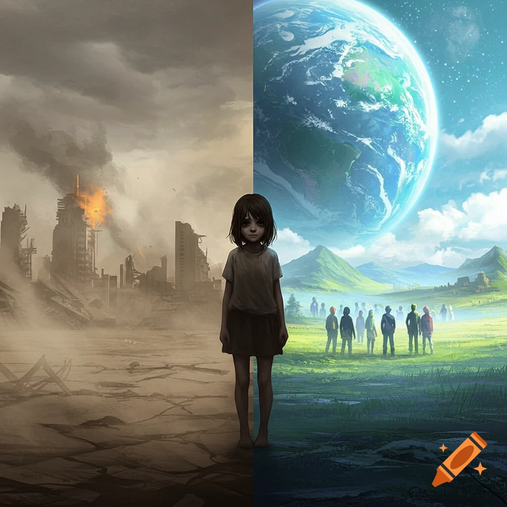 A girl stands between a desolate, burning cityscape and a vibrant green world with people and a large planet, stylized art.