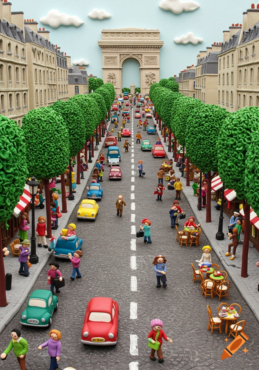 A vibrant claymation diorama of the Champs-Élysées in Paris, with tiny cars and people on a bustling street leading to the Arc de Triomphe.